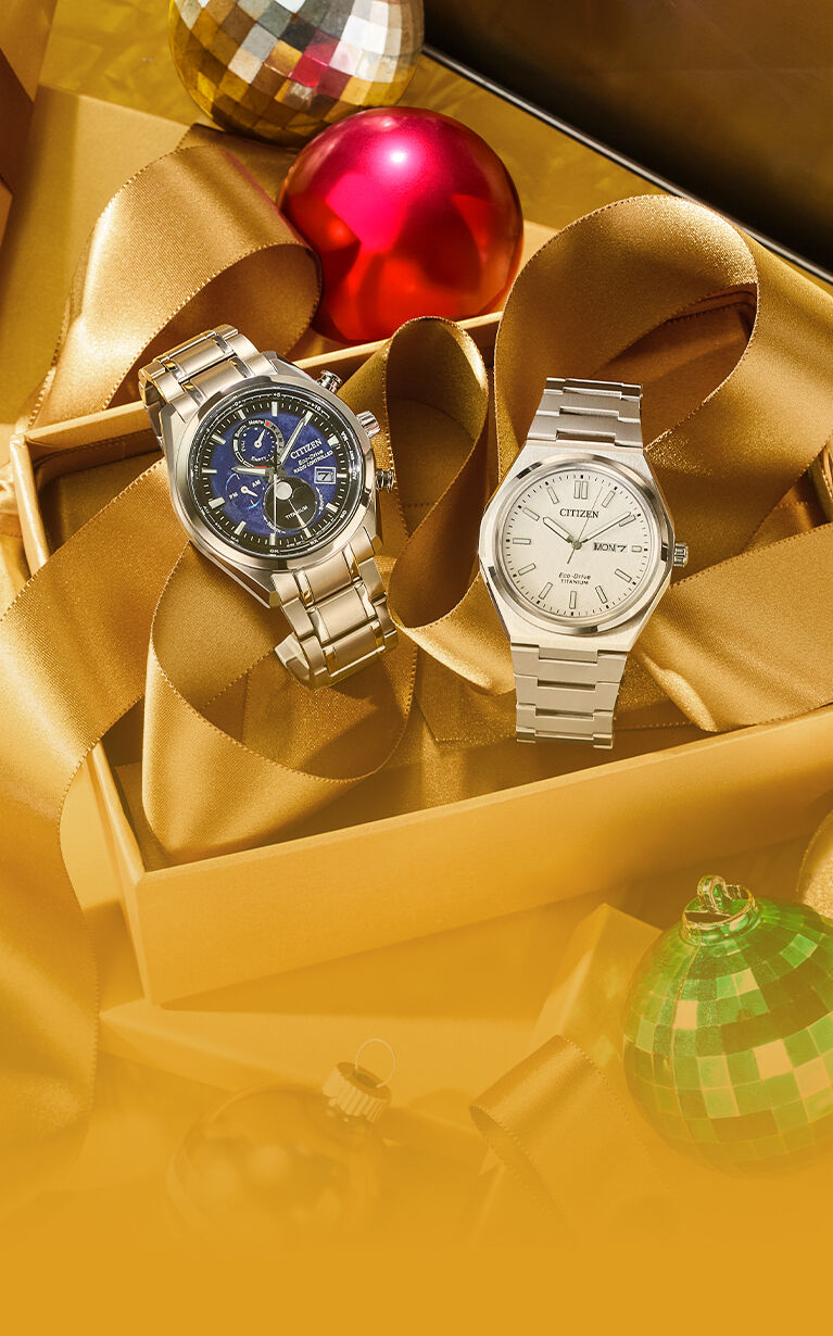 Mettant en vedet la montre Tsuki-yomi A-T , modèle BY1010-57L et  montre Zenshin , modèle AW0130-85A